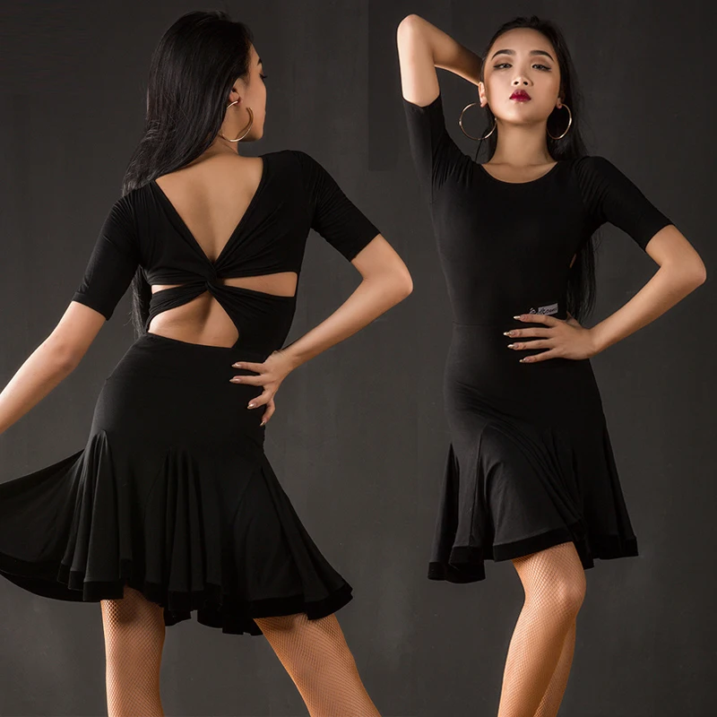 

2022 New Summer Latin Dance Practice Clothes Female Professional Women'S Sexy Short-Sleeved Cross Backless Training Suit DWY1958