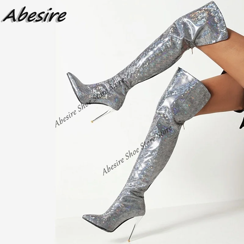 

Abesire Silver Boots Clear High Heel Bling Back Zipper Pointed Toe Thigh High Women Boots Silver Autumn Winter Big Size Shoes