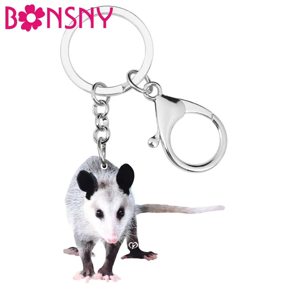 Bonsny Acrylic Gray Opossum Keychains Long Lovely Animal Keyring Jewelry For Women Kids Girls Trendy Gift Car Wallet Accessories