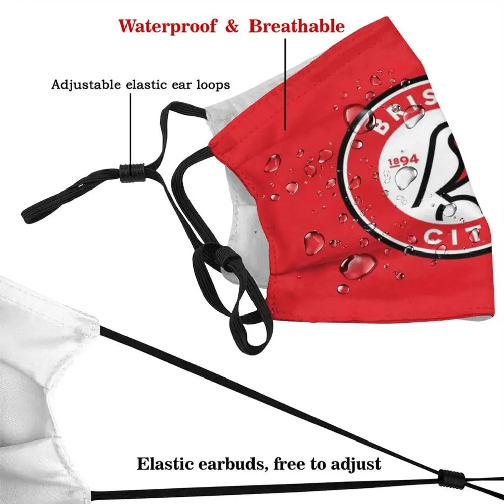 Bristol City Custom Patroon Wasbare Filter Pm2.5 Volwassen Kinderen Masker Bristol City Voetbal Engeland