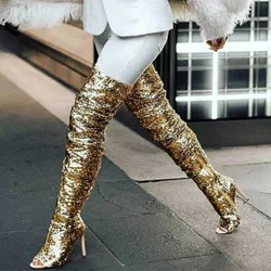 Stivali alti alla coscia con punta aperta in paillettes dorate di lusso Bling Bling scintillanti tacchi alti stivali lunghi da donna scarpe eleganti da banchetto