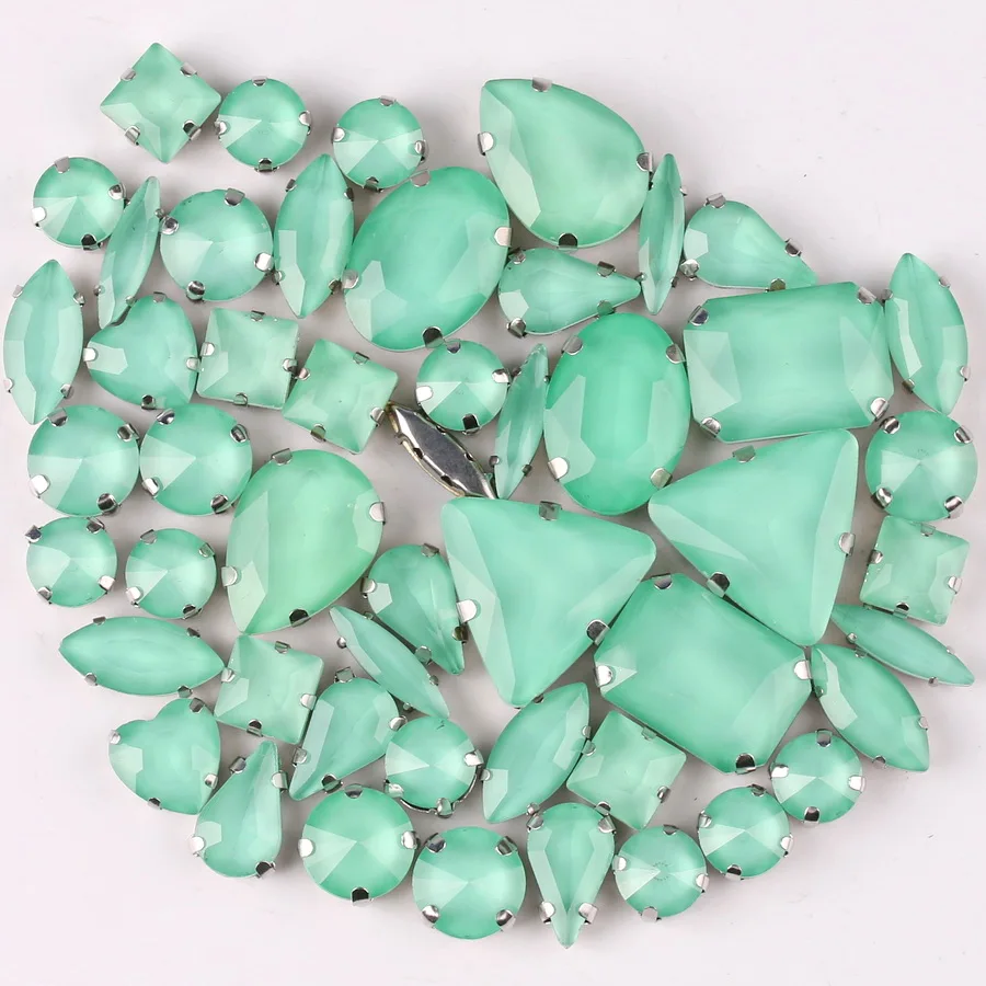 Silberne Krappenfassungen, 50 Stück/Beutel, verschiedene Formen, Jelly Candy Peridot Glas-Kristall zum Aufnähen, Strass für Kleidung, Schuhe, Taschen, DIY – Detail 3