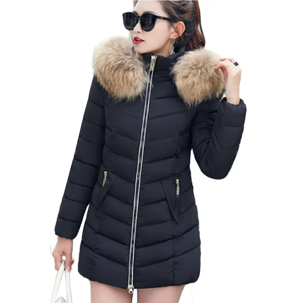 YMING Elegant Winter Down Jacket Long Warm Coat with Fur Collar Inflatable Cotton Parka Hooded Female Outwear Fashion Clothes