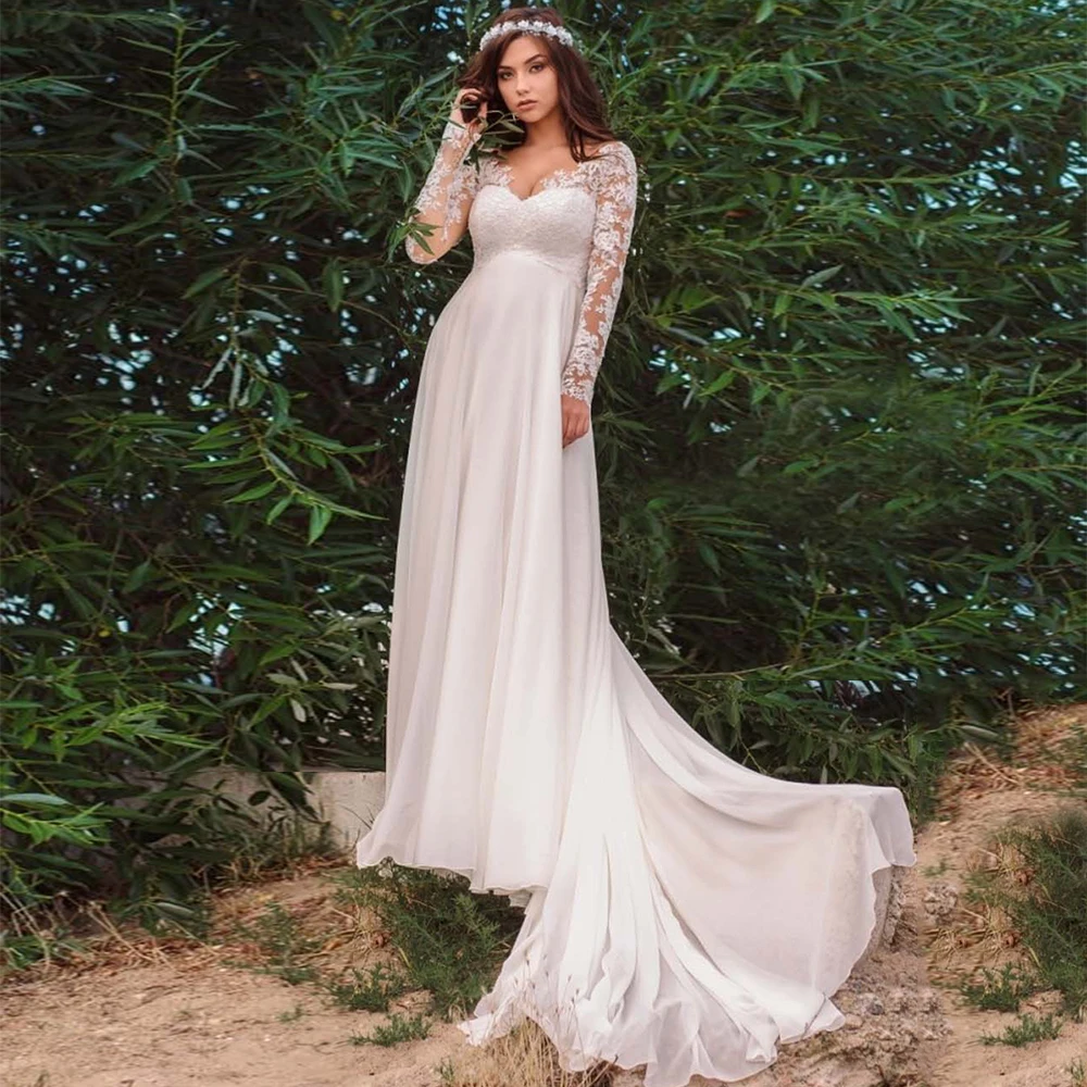 A linha império vestidos de casamento com decote em v manga longa renda sem costas trem chiffon vestidos de noiva grávidas vestidos de noiva personalizado