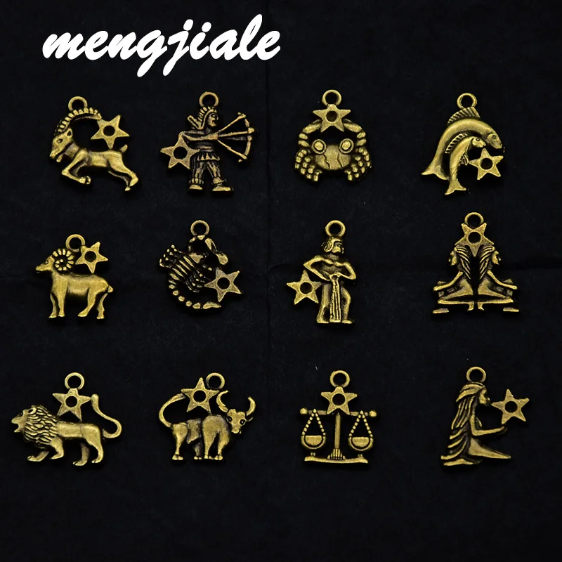 12pcs(1set) Wholesale Two Color Zodiac Charms Alloy Metal Constellation Pendants For DIY Handmade Jewelry Accessories Making