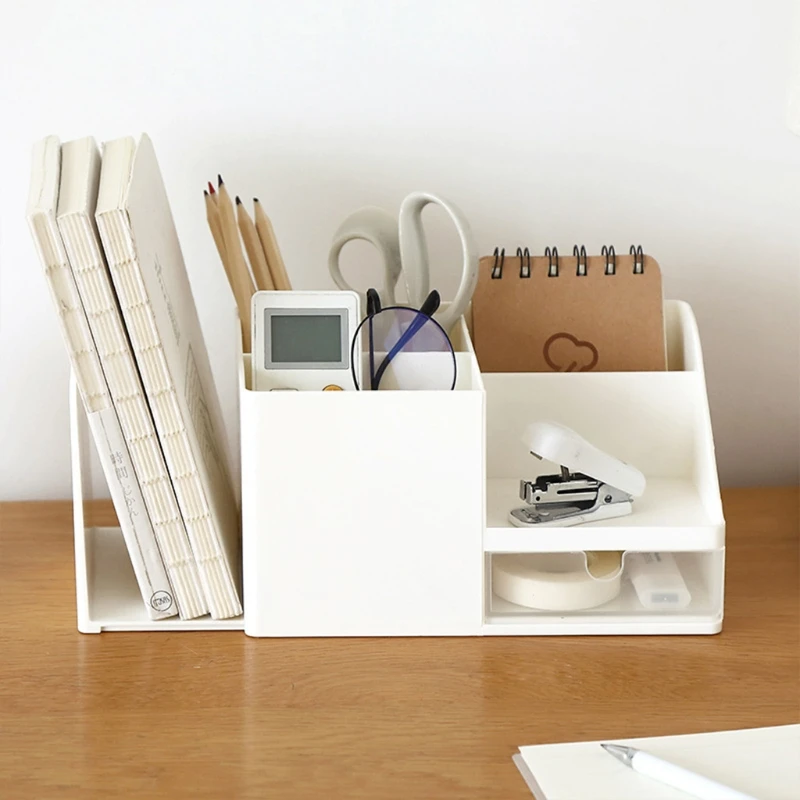 Desk Organizer Holder Stationery Holder Book Pen Holder with Expandable Bookend Multiple Compartments for Home Storage