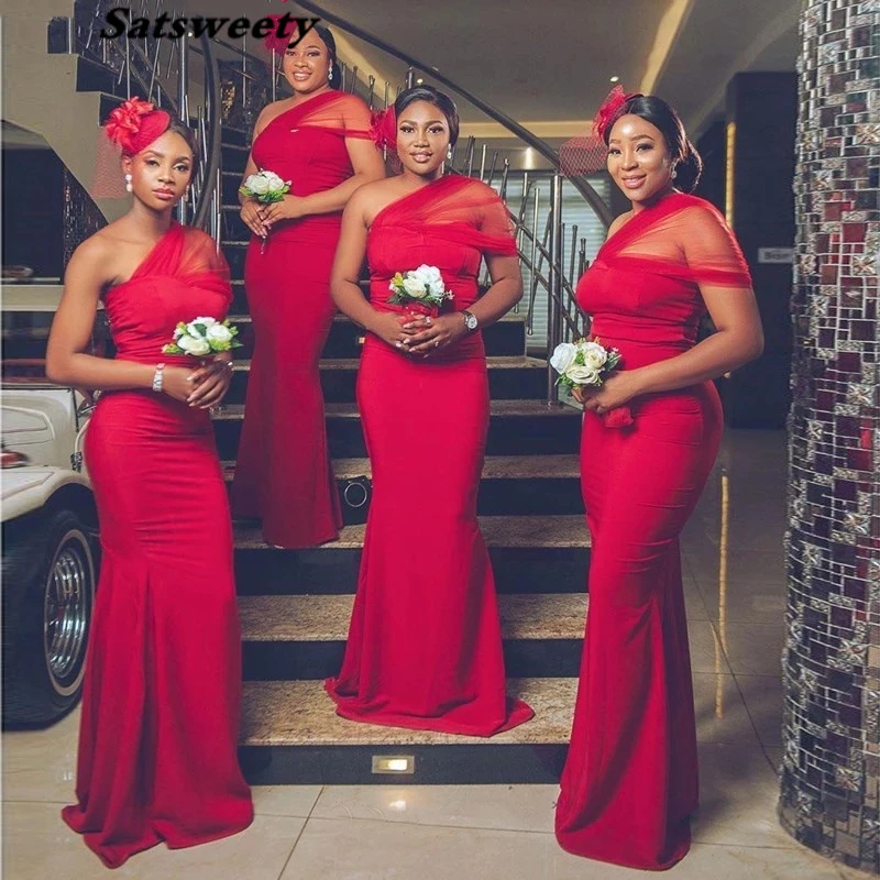 

Elegant African Mermaid Bridesmaid Dresses One Shoulder Red Long Wedding Party Dress Customize Vestido De Fiesta De Boda