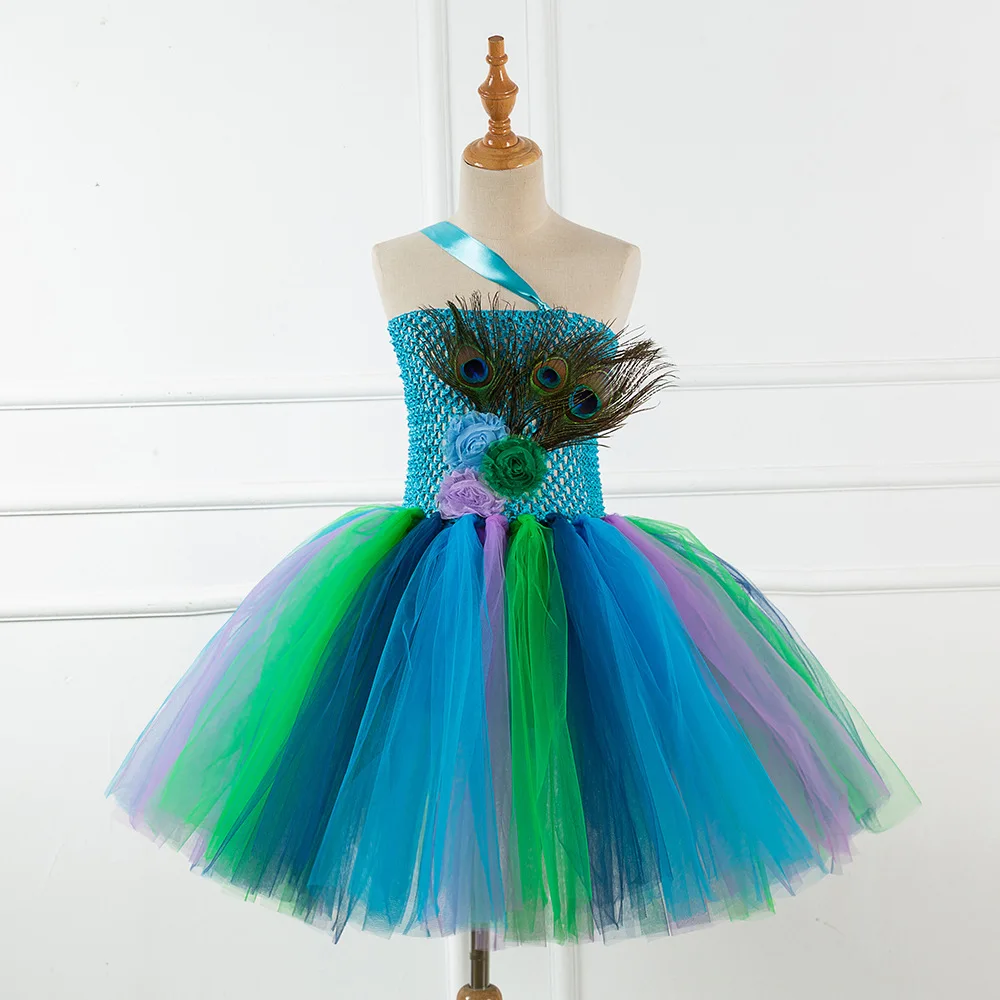 New Brand Peacock Flower Kids Girls Clothes for Birthday Party Blue Peacock Feather Toddler Baby Girls Tutu Dresses 1-12 Year