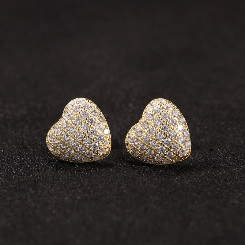 1Pair S925 Sterling Silver Hip Hop AAA+ Cubic Zirconia Bling Ice Out Heart Stud Earrings for Women Men Unisex Rapper Jewelry