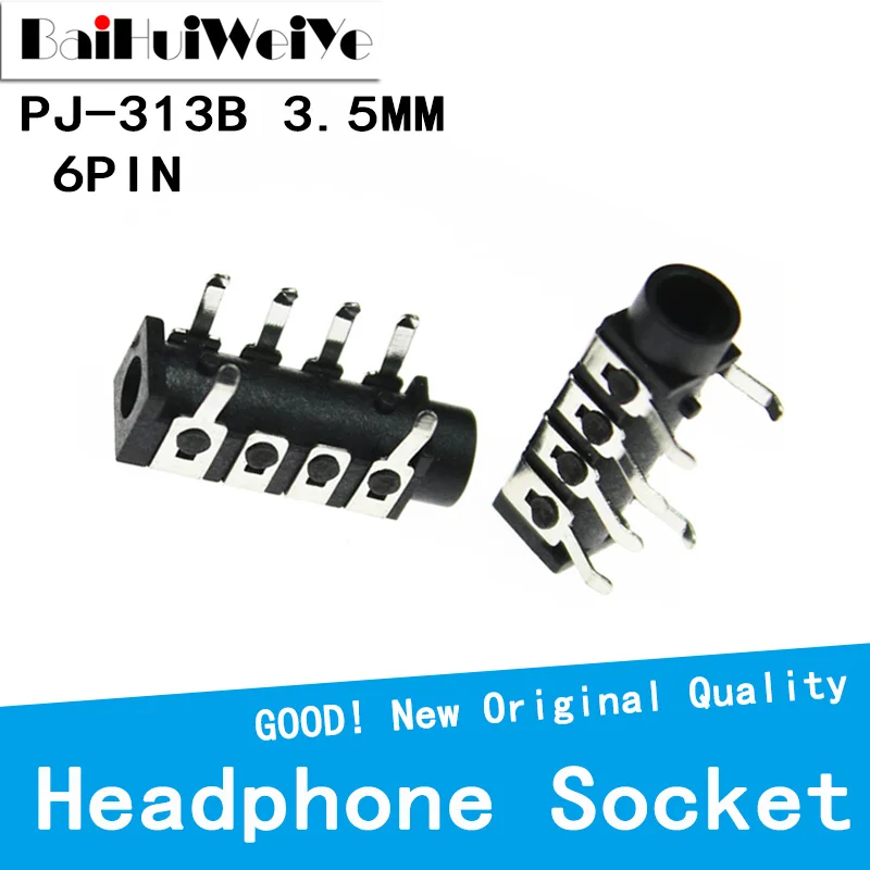 20 Stks/partij PJ-313B PJ313B Vrouwelijke Audio Connector 3.5Mm 6 Contacten Stereo Audio Socket Through Hole Haakse Aaudio Plug