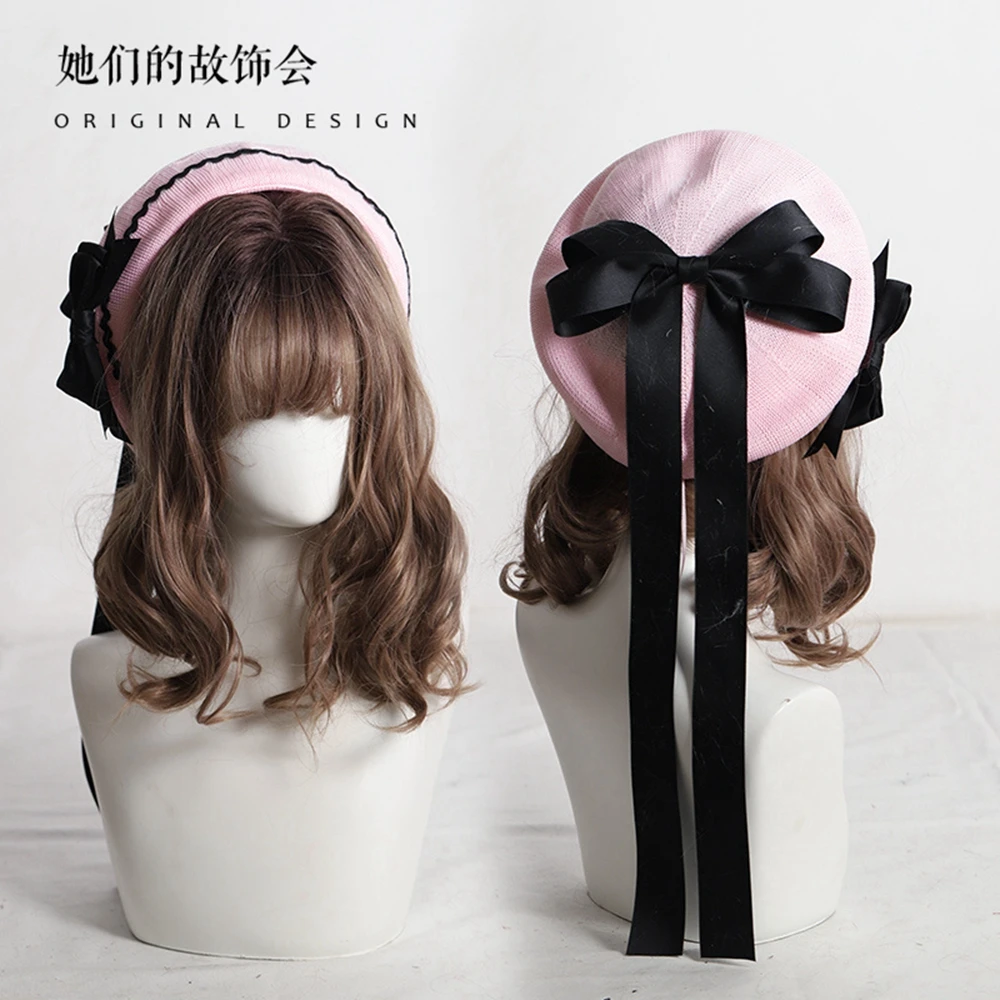 Cute Lolita Beret Cap Women Girl Fashion Korea Casual Breathable Plaid Big Bow Hats