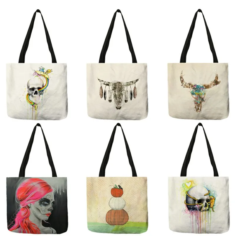 B13125 Watercolor Skull Painting Women Bags Linen Cloth Tote Handbag For Shopping Traveling Foldable