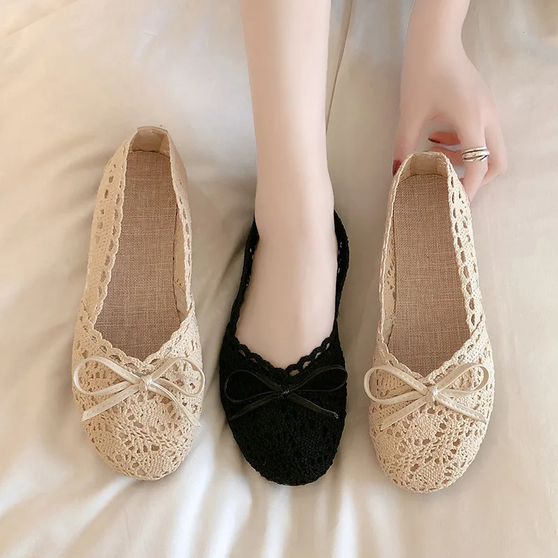 2024 Summer Women\'s Ballet Flats Shoes Woman Hollow Outs Lace Fisherman Shoes Female Lazy Loafers Single Shoes Flat Sandals shoe