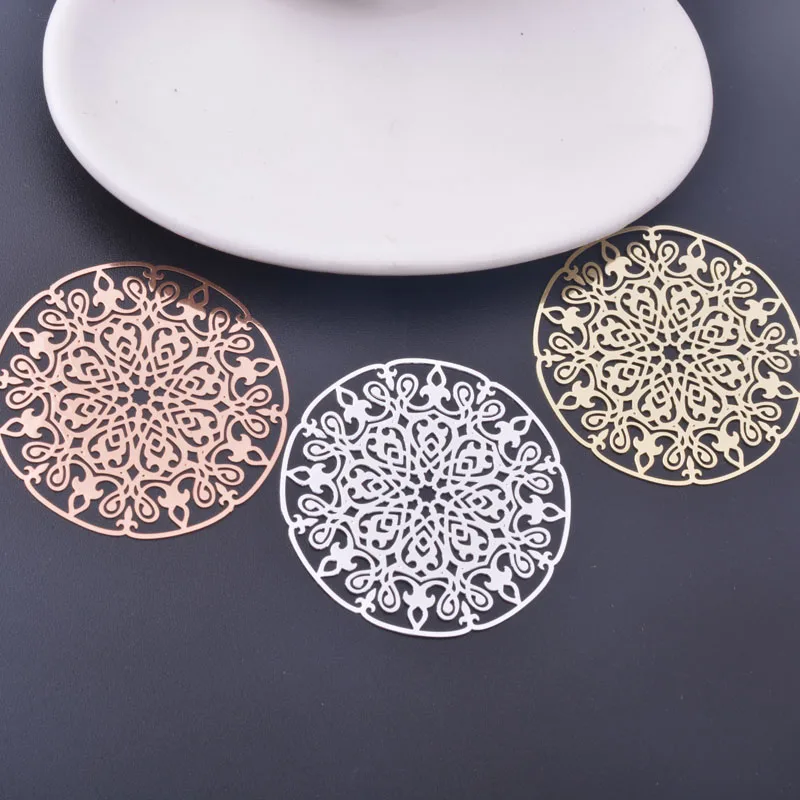 6pcs 45mm Rose gold Color laser cut Big Round Charms Silver Color Brass Hollowed out Jewelry Accessories