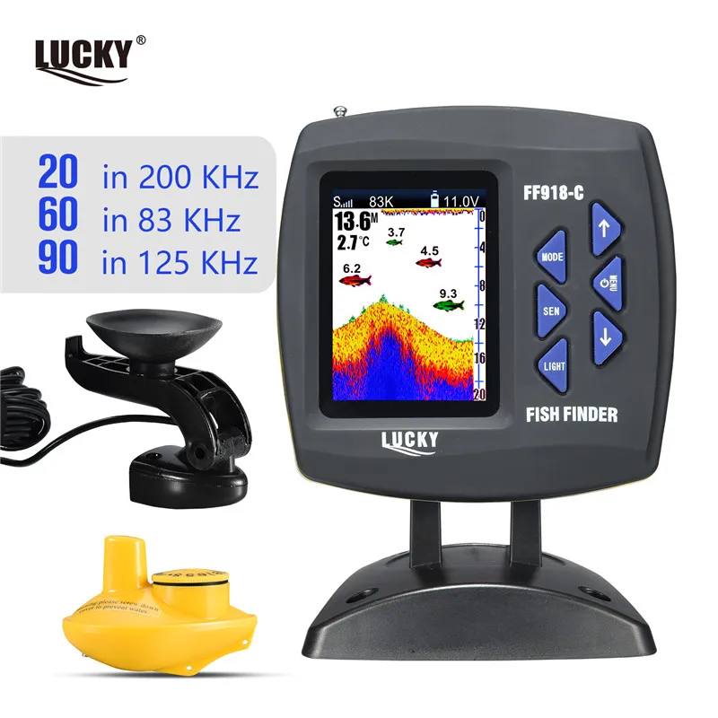 Russian menu!LUCKY  FF918-C100WDS Color Screen Boat Fish Finder Dual Frequency Wired& Wireless water depth boat fish finder