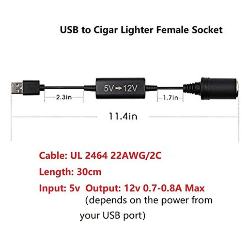 Boost Converter com Wired Porta USB, isqueiro do carro, cabo de alimentação do cabo, Acessório do carro, 5V, 12V