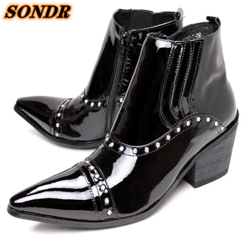 

Chelsea Boots Men Shoes Glitter Dress Genuine Leather Ankle Boots Men Rivets Boots Winter Formal Wedding Party Boots For Men