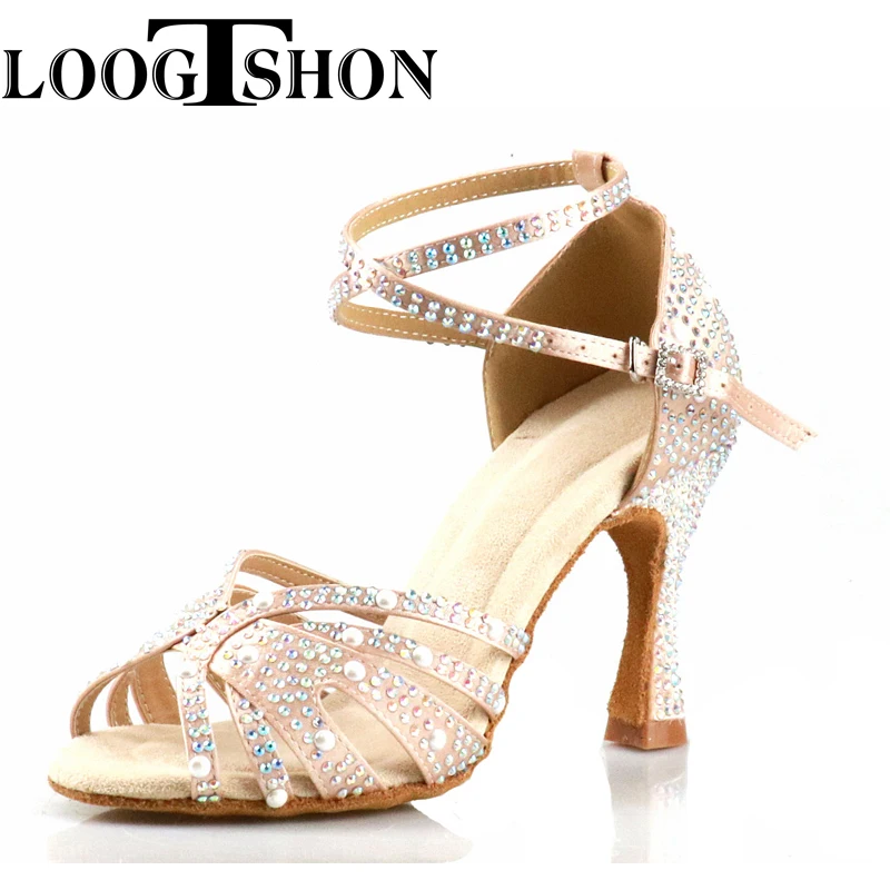 Loogtshon Rhinestone profesjonalny taniec latynoski obcas 9CM różowy czarny dama taniec buty miękkie Samba Rumba Cha Cha buty do tańca PROMO