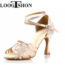 Loogtshon Rhinestone Professional Latin Dance Heel 9ซม.สีชมพู Lady Dance รองเท้า Samba Rumba Cha Cha เต้นรำรองเท้าโปรโมชัน