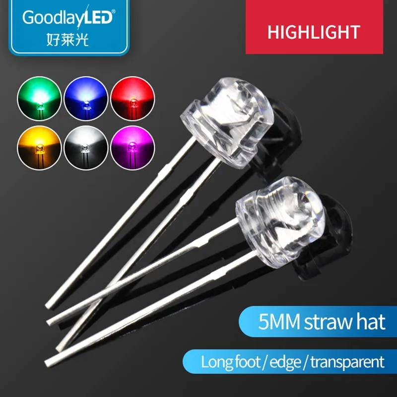 

1000PCS 5mm Straw Hat Highlight Short Leg White Red Green Yellow Pink Purple LED Light-Emitting Diode