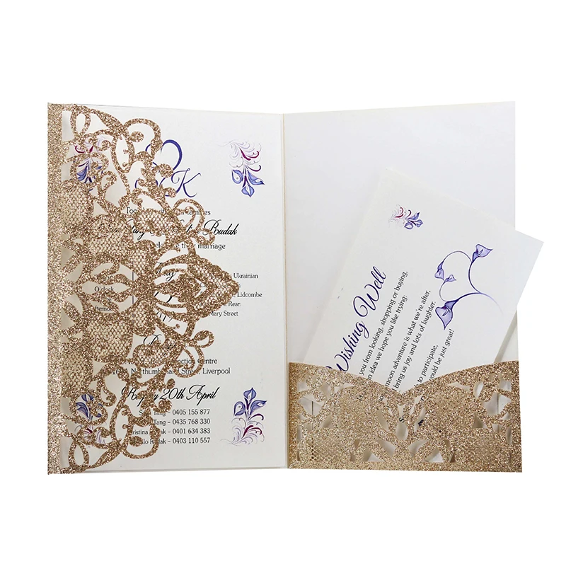 50pcs Glitter Paper Laser Cut Wedding Invitation Cards Greeting Card Customize Business With RSVP Cards Party Wedding Decoration