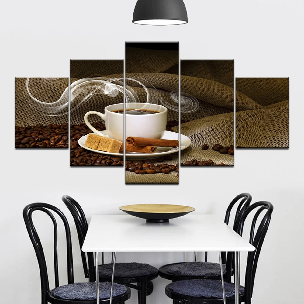 

Canvas Paintings Home Decor Framework 5 Pieces Coffee Cup Pictures HD Prints Coffee Beans Poster Modular Kitchen Cafe Wall Art
