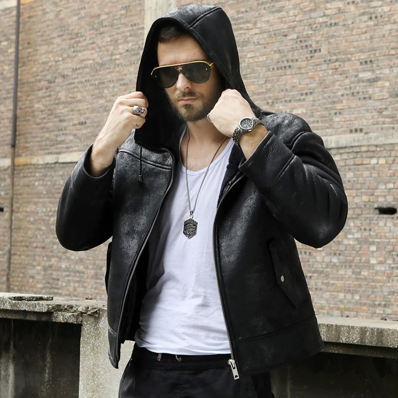 Denny&Dora Men's Black Sheepskin Shearling Jacket Hooded Genuine Leather Winter Warm Fur Lined Zip Up Short Coat