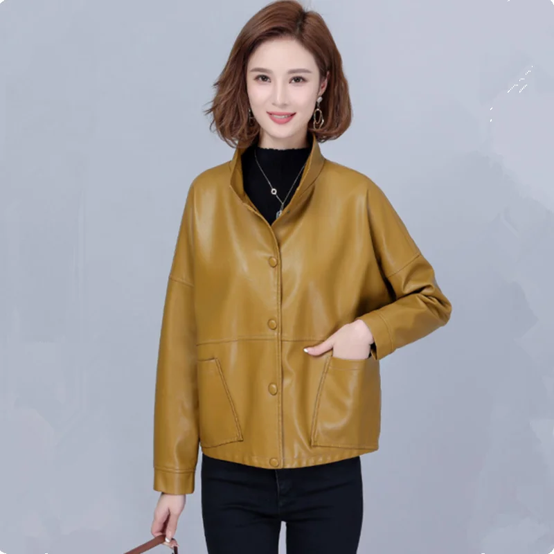 UHYTGF Women's Spring Autumn Sheepskin Coat Single-Breasted Casual Short Leather Jacket Female Korean Loose Size Outerwear 2338