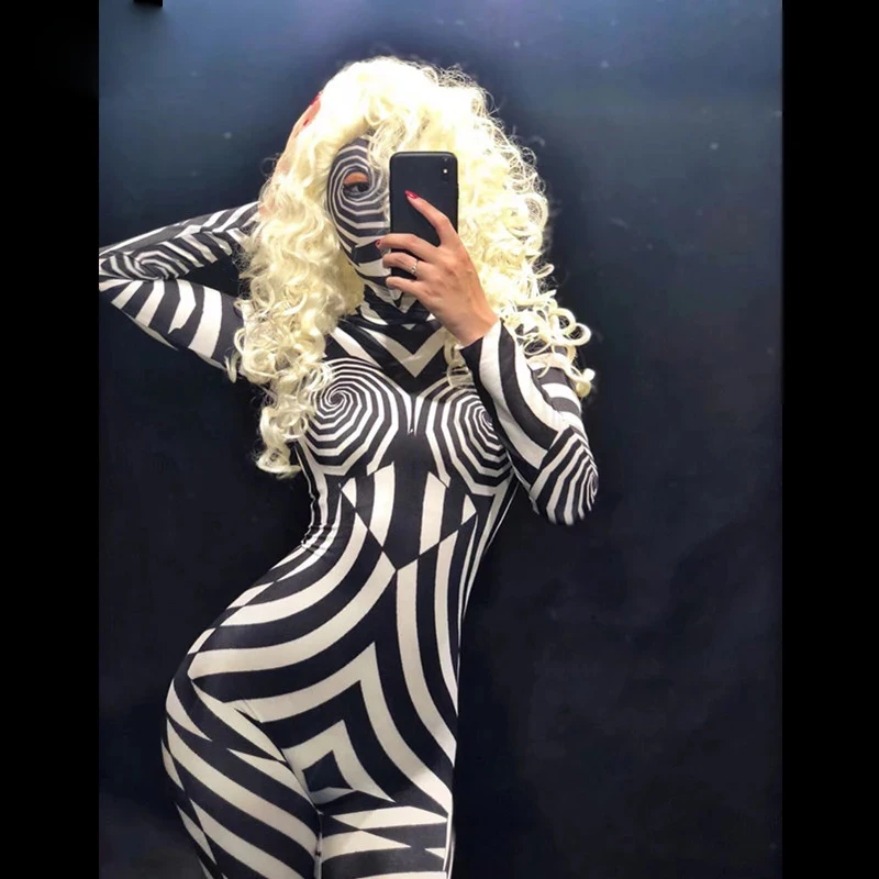 

Nightclub Party Celebrate Show Dancer Stage Wear Customes Sexy Printed Zebra Pattern Bodysuit Party Jumpsuit