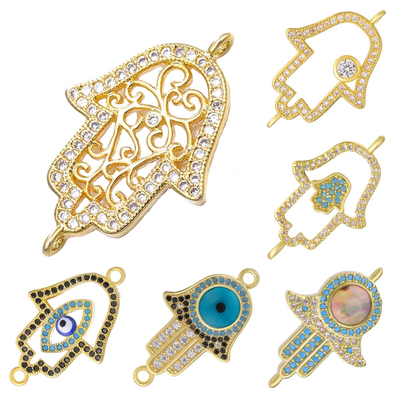 Juya DIY 18K Gold Plated Hamsa Hand Of Fatima Connector Charms Accessories For Handmade Turkish Bracelet Earring Making Material