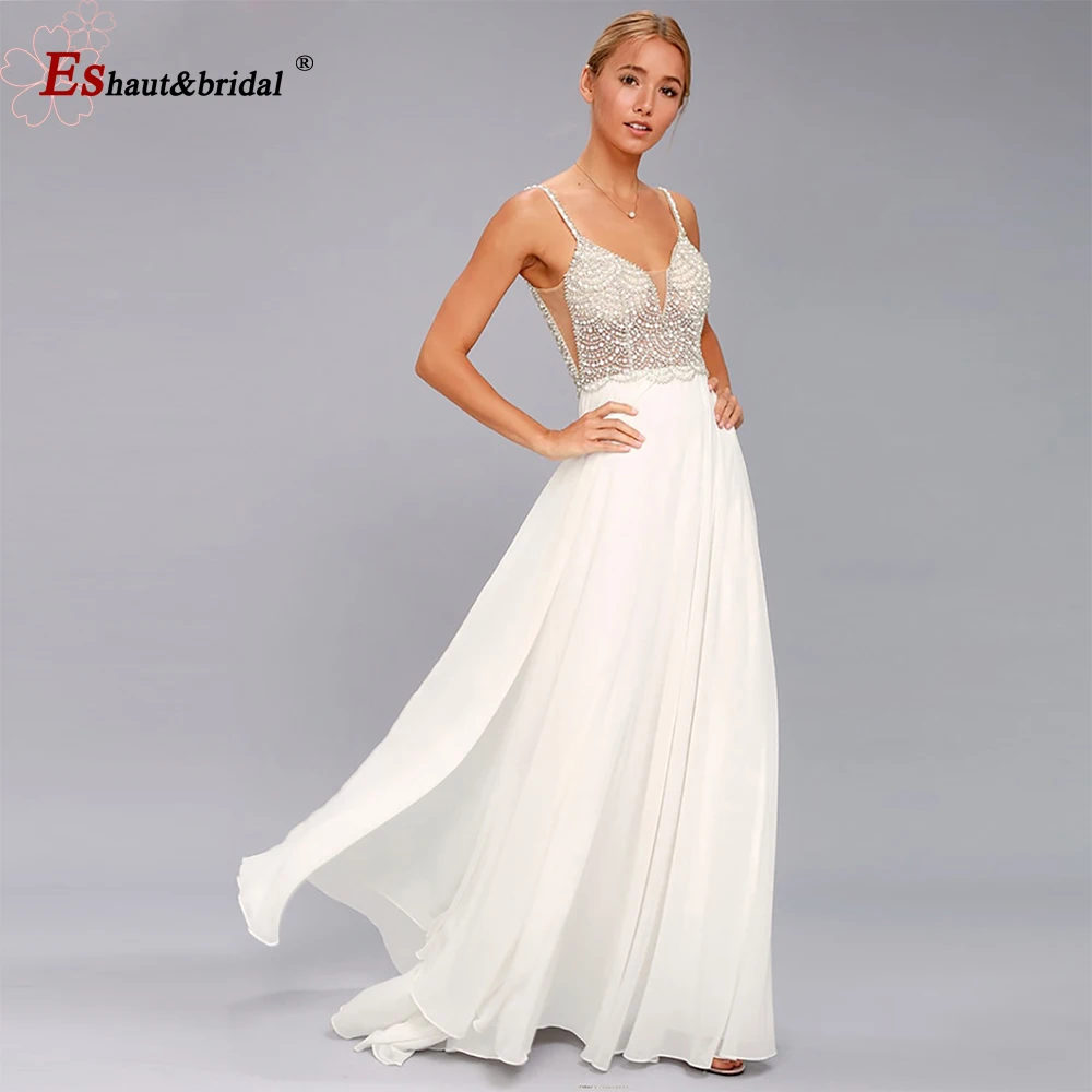 Spaghetti Straps Beach abito da sposa 2023 Crystal Handmade Chiffon Sweetheart a-line abito da sposa senza maniche vestido de noche