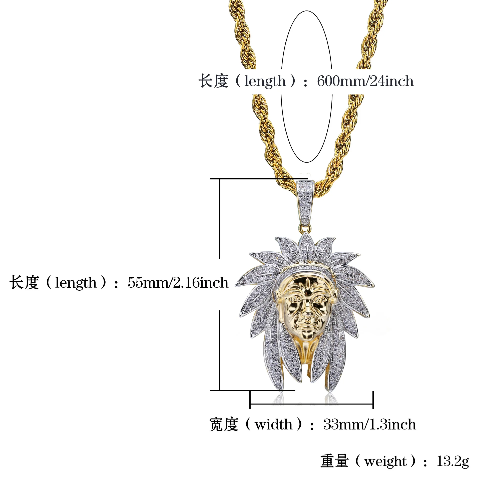 Indian Chief Head Charm Iced Out Pendant Hip Hop Necklaces Gold Silver Color Long Link Chains For Men Rapper Gift Jewelry