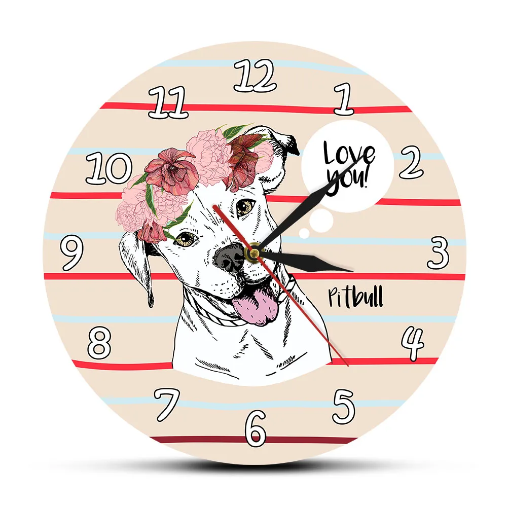 Girl Room Pitbull Dog Wearing Flower Wreath Cartoon Wall Clock Pit Bull Portrait Wall Art Dog Lover Home Decor Pitbull Mom Gift