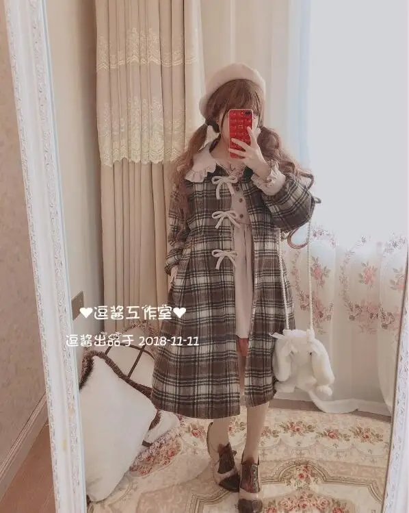 Inverno vintage reticolo dolce lolita cappotto collare del peter pan di bowknot del manicotto di soffio vittoriano cappotto della ragazza kawaii