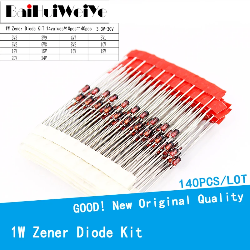 140PCS/LOT 1W Zener Diode Kit DO-41 3.3V-30V Component Diy Kit 14 Values*10Pcs Component Diy Assortment Set