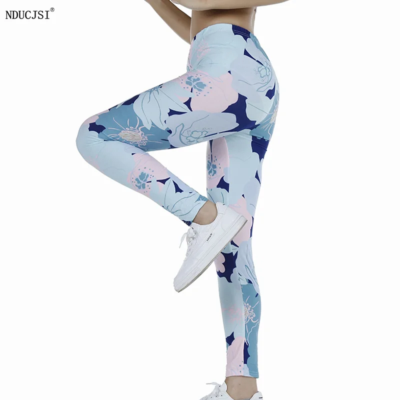 NDUCJSI New Arrival kobiety legginsy trening Sport Leggin kwiat druk cyfrowy Stretch Fitness spodnie do biegania wysoka talia Push Up