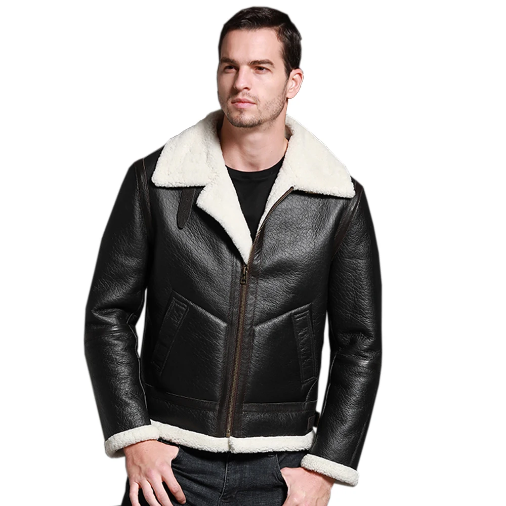 LUHAYESA New Hooded Thick Genuine Leather Fur Shearling Men Black Brown Warm Winter Real Fur Coats