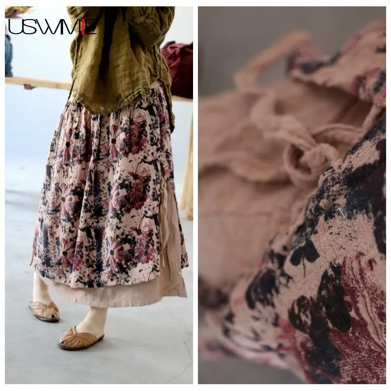 Free Shipping Skirts Womens Summer Retro National Literary Printed Hit Color Elastic Waist Comfort Loose Linen Skirt