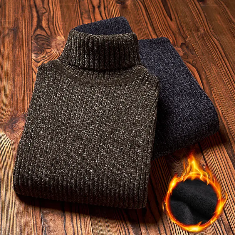 2023 Winter Super Warm Sweater Men\'s Turtleneck Slim Soft Fleece Pullover Solid Knitted Plus gold velvet thickening Sweater Men