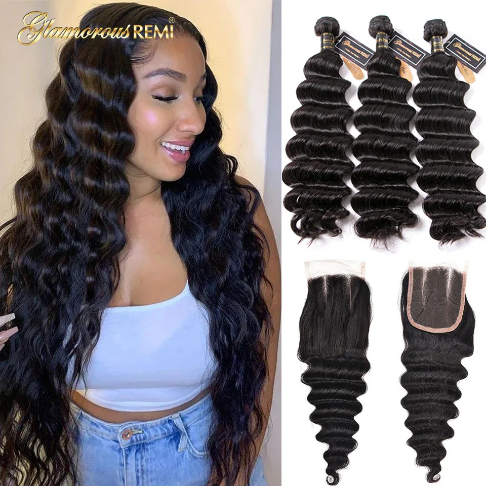 

Brazilian Hair Weave Loose Deep Wave Bundles With Closure Natural Color Deep Wave 100% Human Hair Bundles With Closure For Women