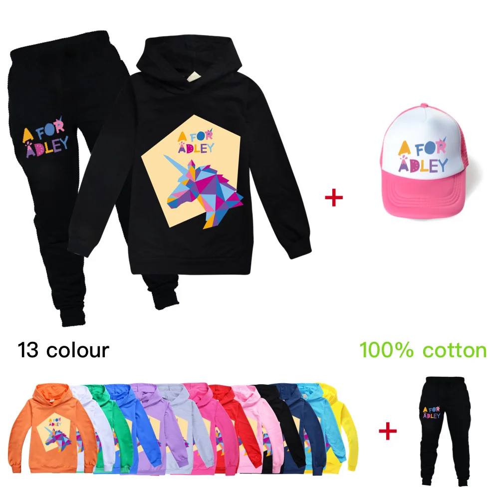 

A for Adley Baby Girls Sports Suits Hoodies Sweatshirts Pants + Hat 3 Pcs Fall Clothes Children Tracksuit Kids Clothing Sets