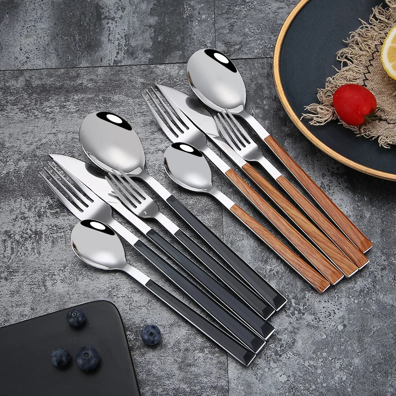 Stainless Steel Dinner Cutlery, Knives, Forks, Spoons, Black Wooden Texture Handle, Home Party Tableware, Steak Knife