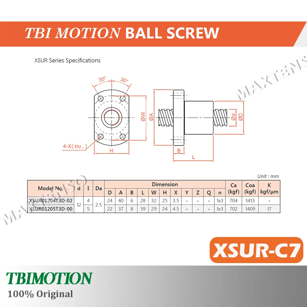 TBI Motion XSU1204 XSUR C7 Rolled Ball Screw Professional R12 Lead 4mm Thread Shaft 500mm Ball Nut High Precision Long Life Span