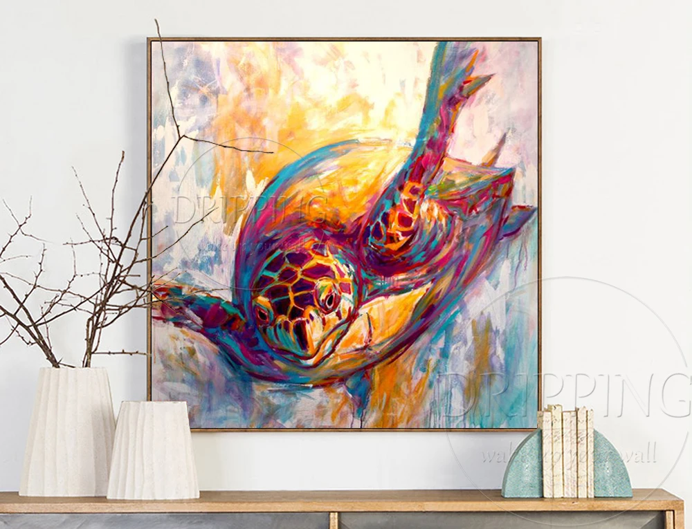 Skilled Artist Hand-painted High Quality Impressionist Aquatic Animal Turtle Oil Painting on Canvas Swimming Turtle Oil Painting