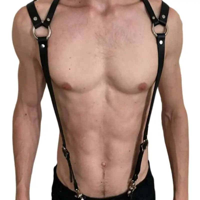 Mens Sexy Harajuku Faux Leather Body Chest Half Harness Suspenders Punk Sling Buckle Shoulder Straps Belt O-Rings for Wedding