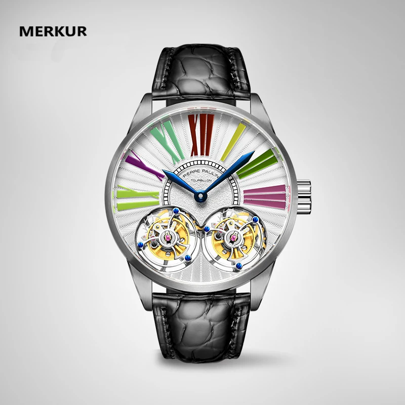 MERKUR Luxury True Double Tourbillon Manual Mechanical Watch Business Classic Men\'s Watch Sapphire All Steel Reloj Hombre