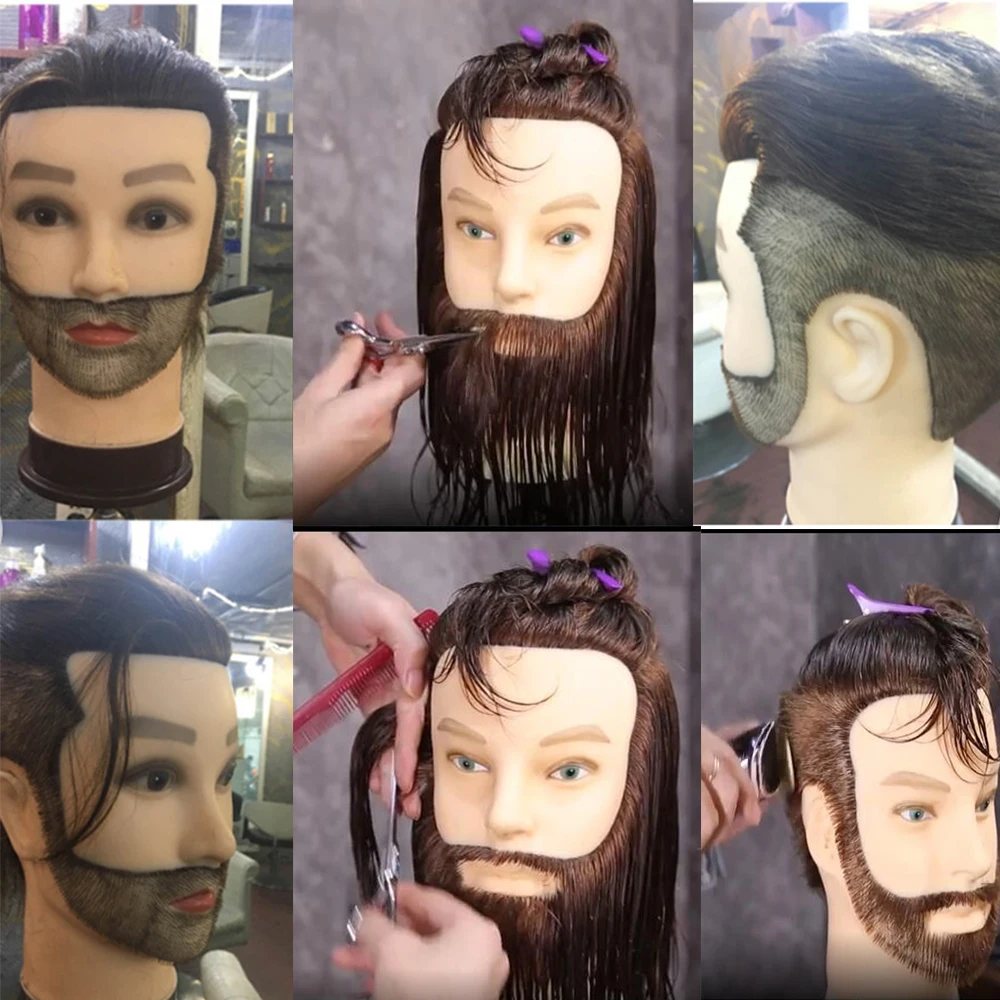 Cabeça de manequim com cabelo e barba para homens, cabelo humano, cabeleireiro, cosmetologia, boneca de treino, 100%