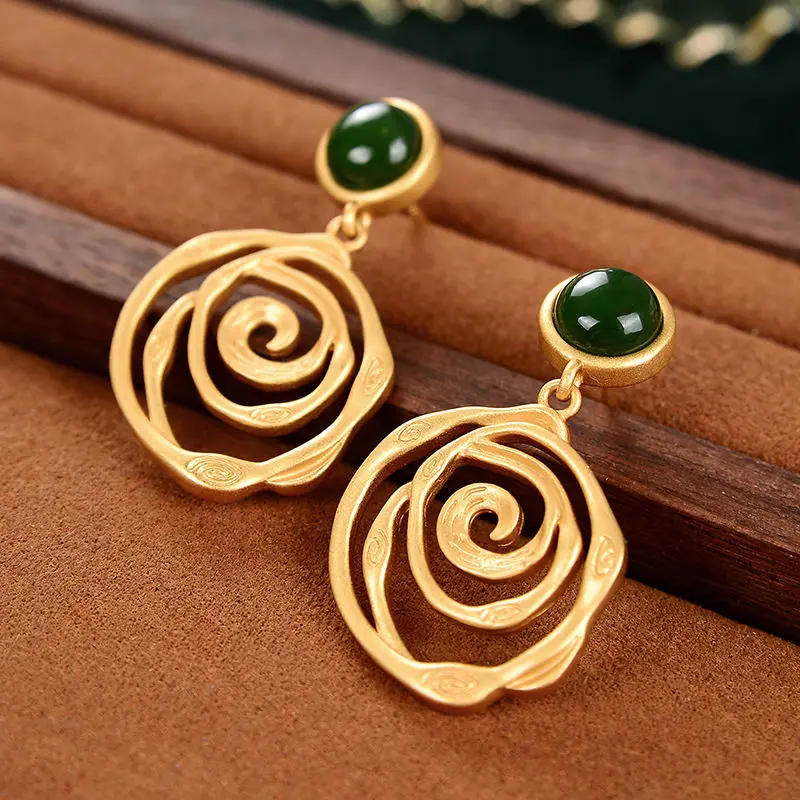 New silver inlaid natural Hotan jade  earrings with irregular thread Chinese  antique palace style women's jewelry