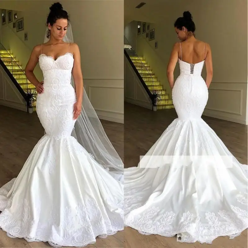 Sweetheart Lace Appliques Mermaid Bridal Gowns Custom Made Backless Sweep Train Spaghetti Straps  Plus Size Wedding Dress