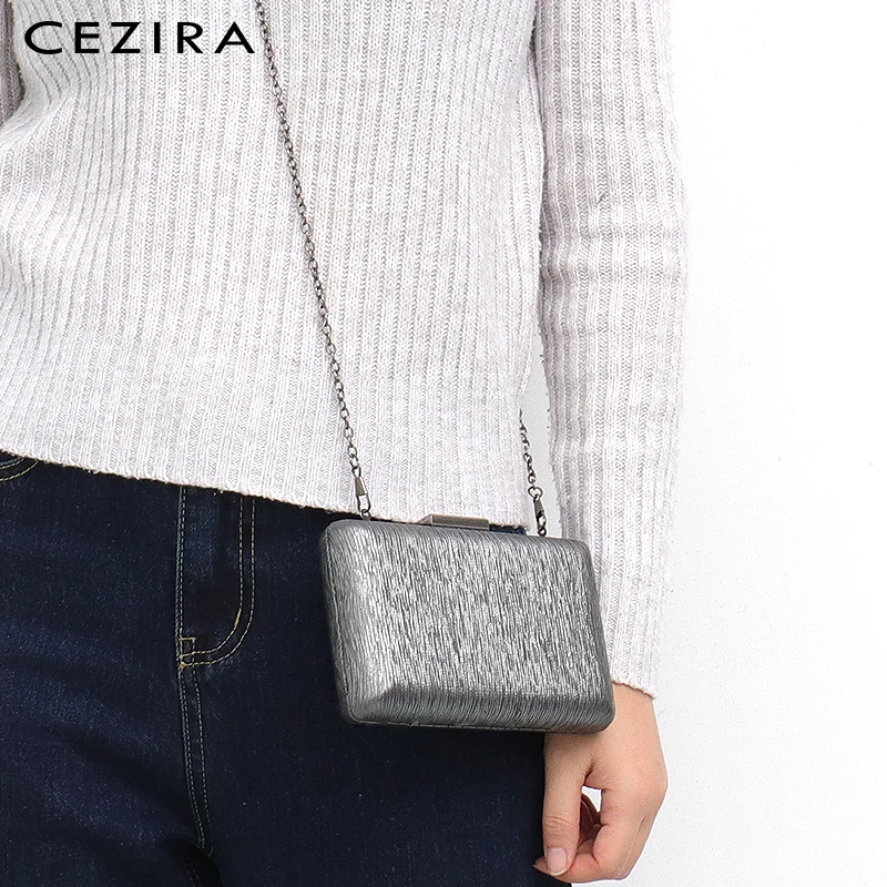 CEZIRA Small Makeup Evening Parti Clutch Bags for Ladi Fashion Hard Frame Case Mini Purse Luxury Chain Silver Pewter Handy Bag